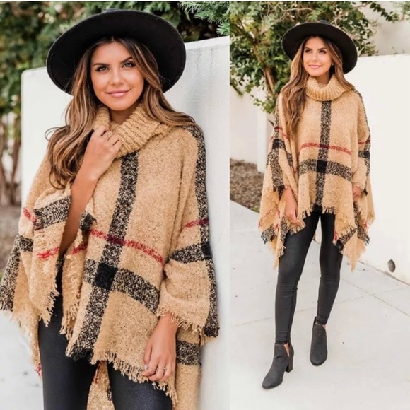 Cozy Plaid Nubby Knit Turtleneck Pullover Poncho Cape Cardigan Camel, Red, Black - Picture 1 of 5